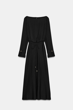 ZARA ПЛАТЬЕ МИДИ ИЗ КРЕПА С ПОЯСОМ, ЧЕРНЫЙ
