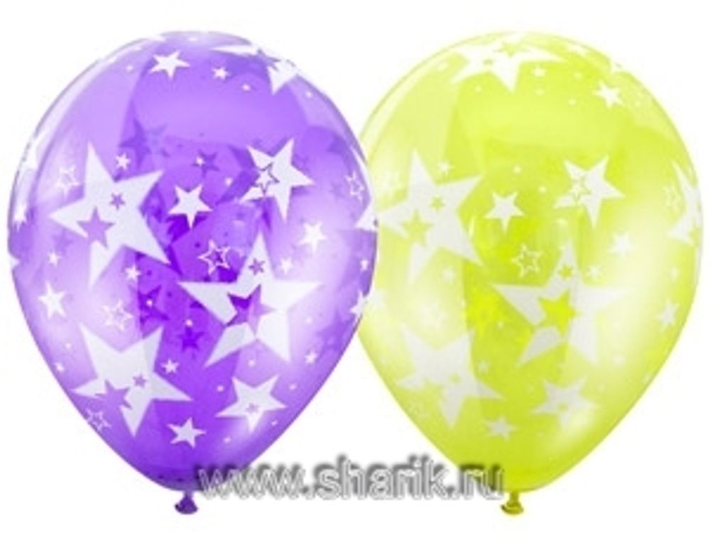 Шар (14"/36 см) Шелкография кристалл, Звезды Большие 25 шт.