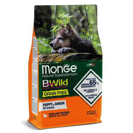 Monge Dog BWild GRAIN FREE беззерновой корм из мяса утки с картофелем для щенков всех пород 2,5 кг