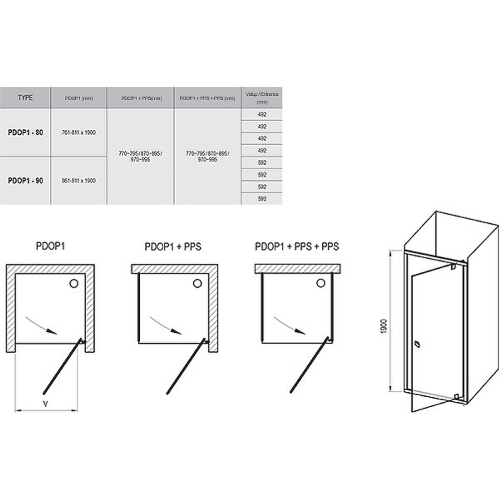 Душевая дверь Ravak Pivot PDOP1-90 03G70300Z1 профиль Черный стекло Transparent