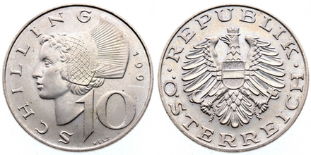 Австрия 10 шиллингов, 1974-2001 XF