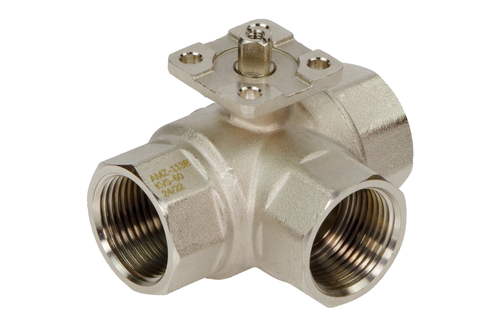 Кран шаровой трёхходовой (двухпозиционный) AMZ-113R полнопроходной c внутренней  резьбой для применения с приводами AMВ-162R, PN = 40 бар, Тмакс. = 110 °С, материал – латунь никелированная, Ридан, Россия