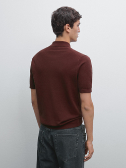 Massimo Dutti Вязаная футболка-поло с V-образным вырезом, красное дерево