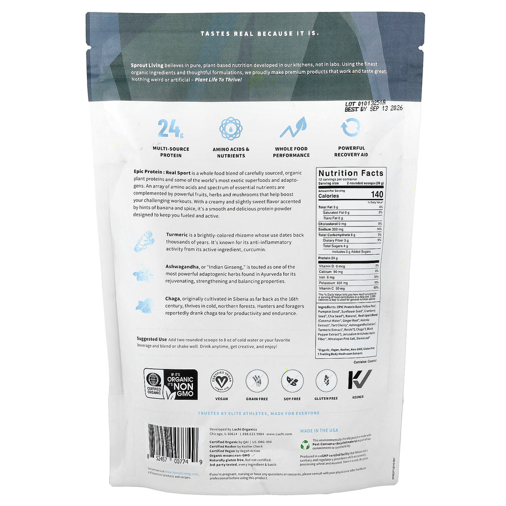 Sprout Living, Epic Protein, органический растительный протеин и суперпродукты, Real Sport, 494 г (1,1 фунта)
