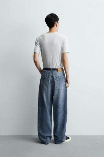 ZARA ДЖИНСЫ BAGGY FIT С ЭФФЕКТОМ БРЫЗГ, ВЫЦВЕТШИЙ СИНИЙ