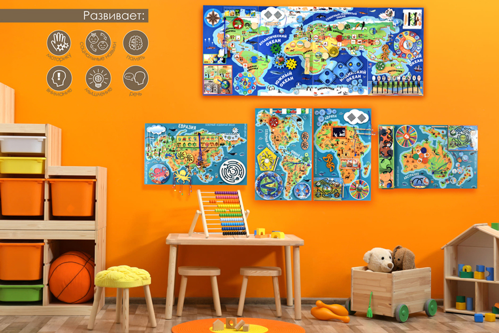 Комплект бизибордов серии Наша планета Земля. Ознакомление с окружающим миром: 1 бизиборд 4 в 1 + 4 одинарных бизиборда