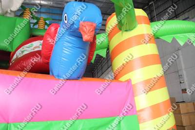 Детский надувной батут-горка "Слоник в джунглях" с окнами по бокам и птичками, 7*5*6 м