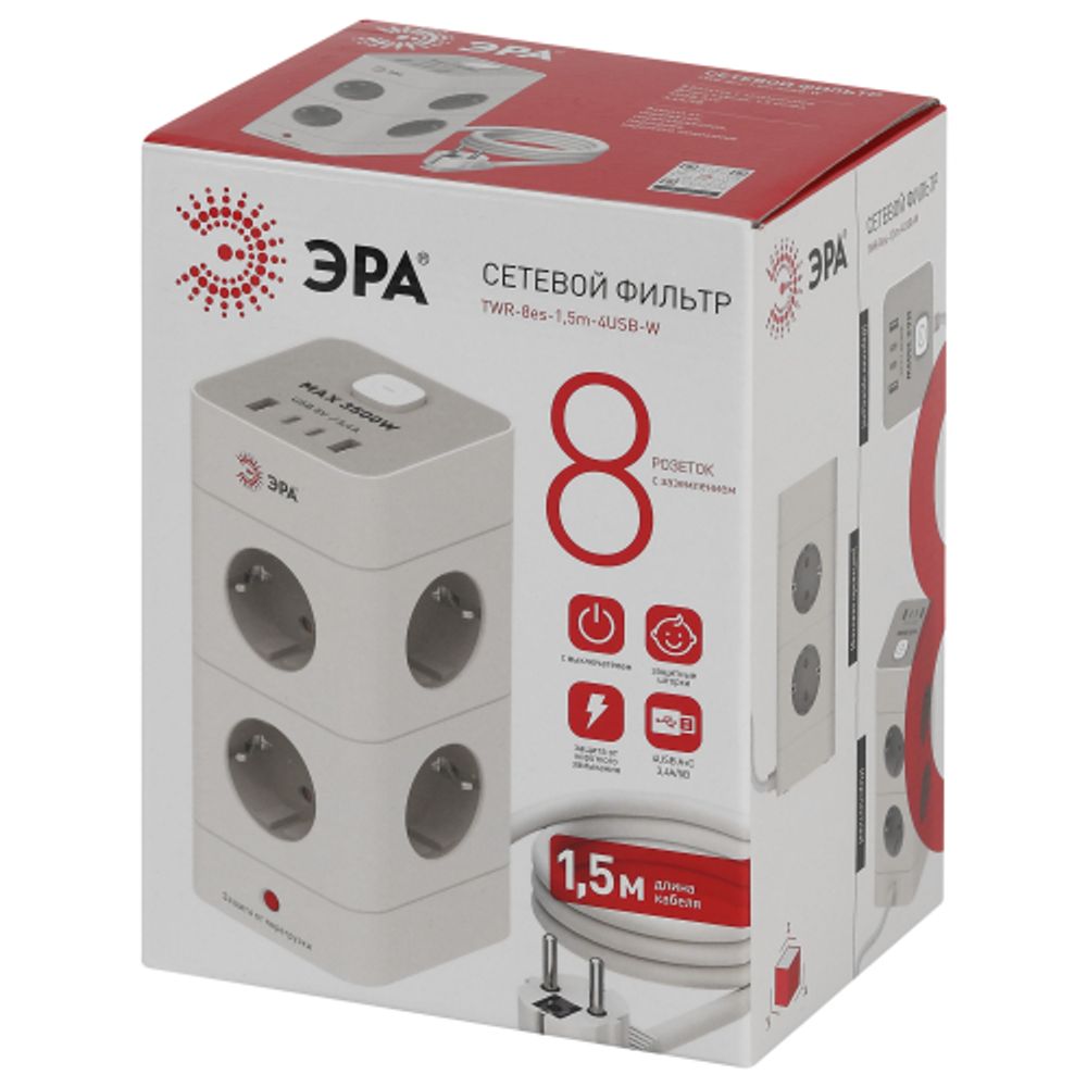 Сетевой фильтр ЭРА TWR-8es-1,5m-4USB-W башня с защитой заземлением с выключателем 8 розеток+4xUSBA+C 1,5м 16А белый | Сетевые фильтры