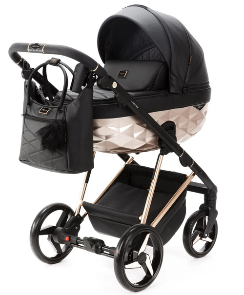 Детская коляска Adamex Quantum Star Deluxe 2 в 1 Q-STAR101-K (ЧЕРН.КОЖА+РОЗОВ.ЗОЛОТО РАМА)