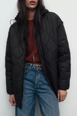 ZARA ПУХОВИК С КАПЮШОНОМ, ЧЕРНЫЙ