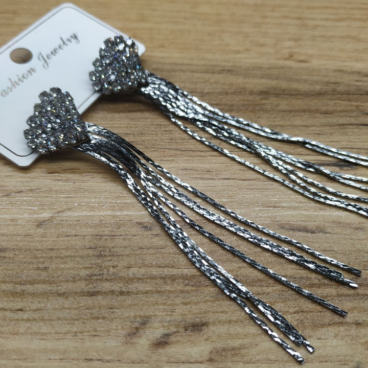 Серьги англ.заст. Bogema сердце из страз кристалл круг цепочки жгутики металл графитовый