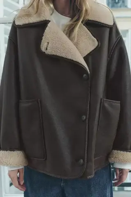 ZARA КУРТКА-ДУБЛЕНКА — ZW COLLECTION, КОРИЧНЕВЫЙ/ЭКРЮ