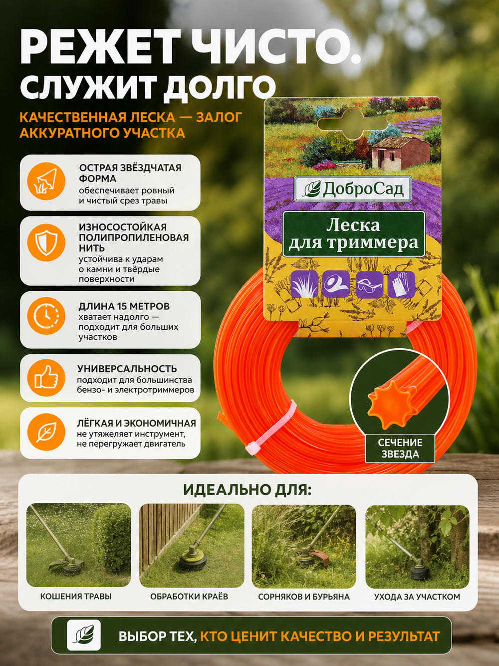 Леска для триммера 2,4мм*15м звезда ДоброСад