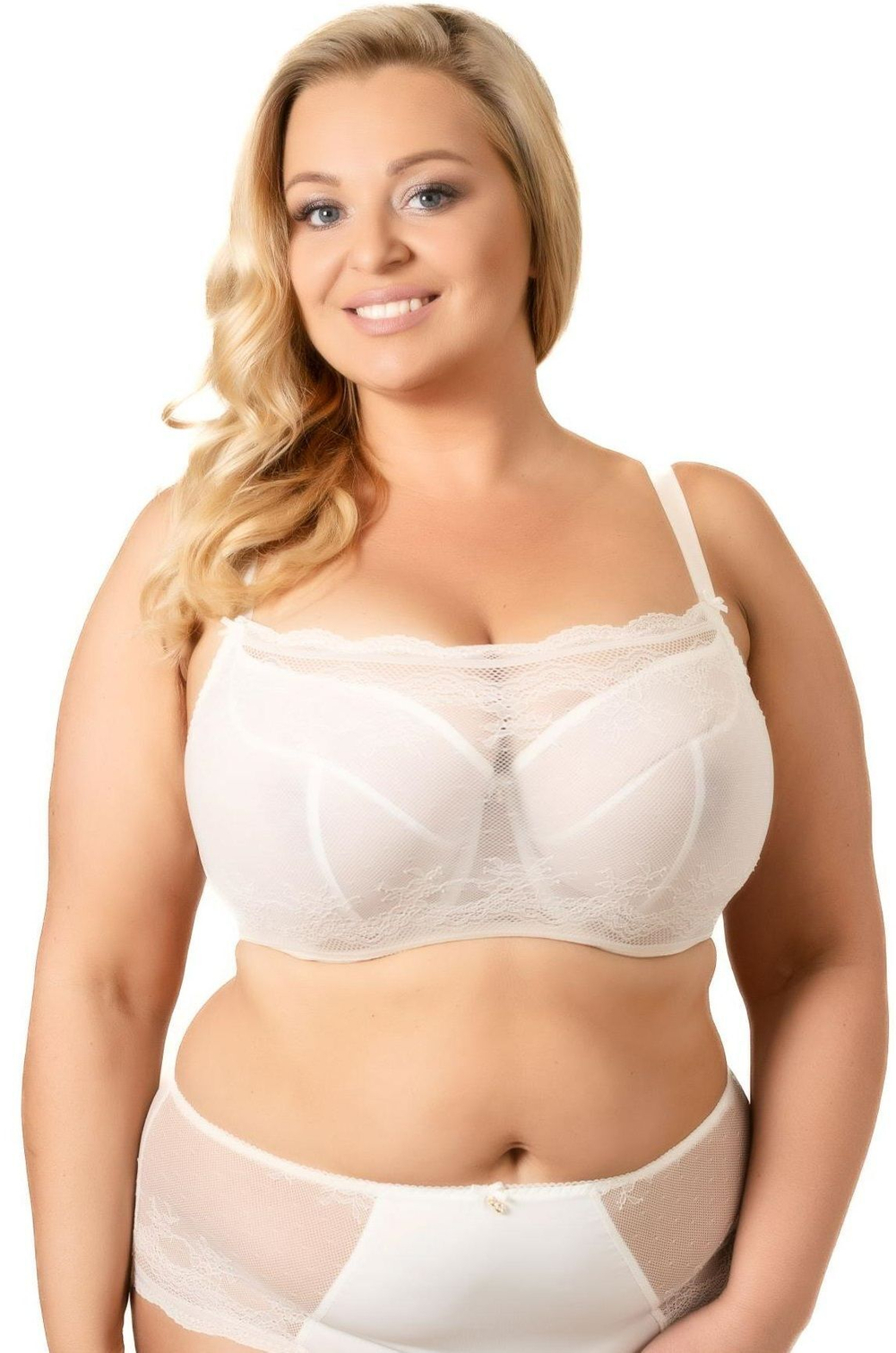 Бюстгальтер-топ с мягкими чашками +size из сетки и гипюра (Размер: 80J) (Цвет: кремовый)