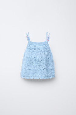 ZARA ТРИКОТАЖНЫЙ ТОП С БУСИНАМИ, НЕБЕСНО-ГОЛУБОЙ