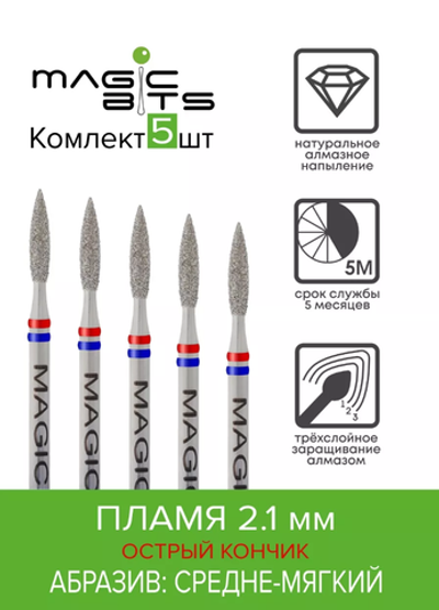 Набор Magic Bits фрез Алмазное пламя 2.1 средне-мягкое 5шт
