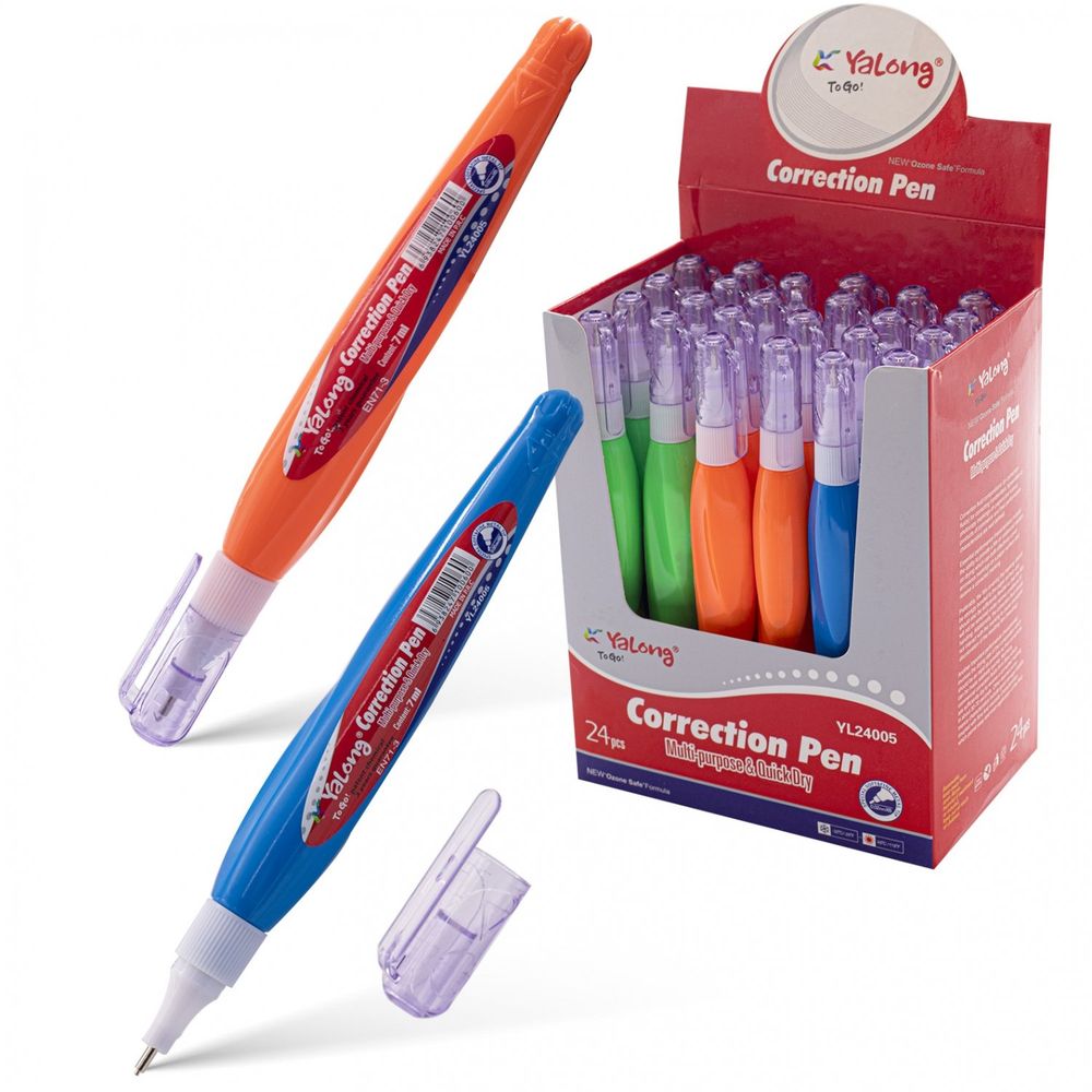 Корректор-ручка Yalong, 7 мл, на химической основе, металл. наконечник, яркий цветной корпус, ассорти, уп. 24 шт