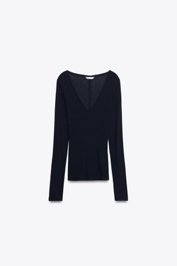 ZARA ФУТБОЛКА С V-ОБРАЗНЫМ ВЫРЕЗОМ, МОРСКОЙ СИНИЙ