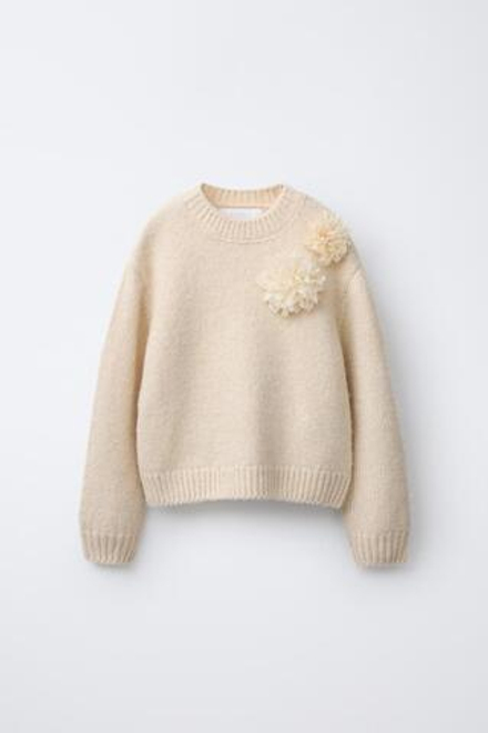ZARA ДЖЕМПЕР ВЯЗАНЫЙ ЦВЕТЫ ИЗ ОРГАНЗЫ, ЭКРЮ