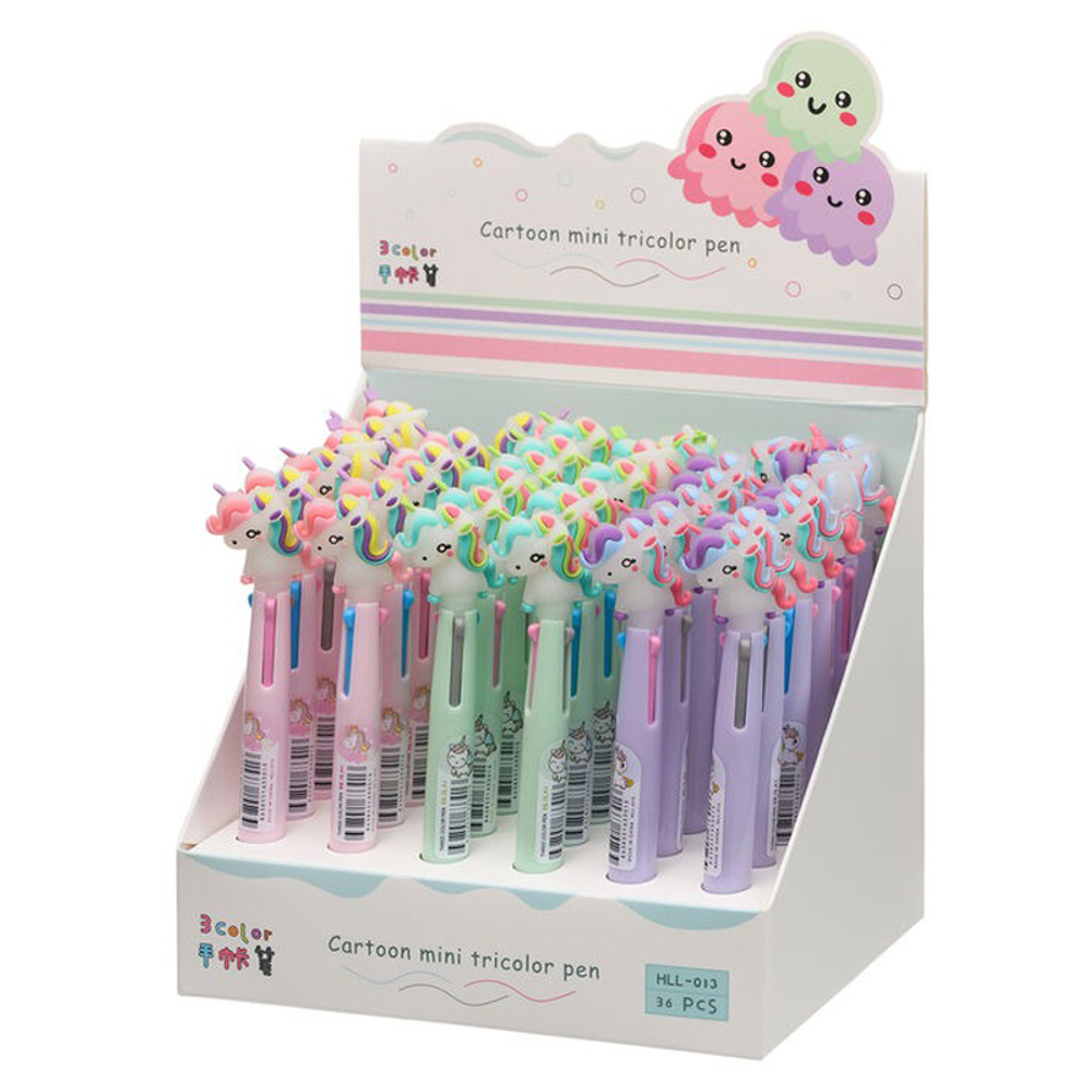 Ручка шариковая, автоматическая, 3в1, Basir, 3-ёх цветная, серия "Единорог", с резиновой фигуркой, 36 шт