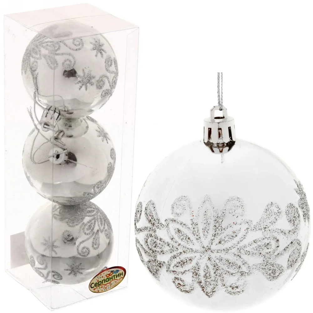 Новогодние шары 7см (набор 3 шт) «Павлиний хвост», серебро