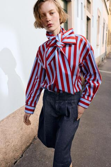 ZARA РУБАШКА В ПОЛОСКУ С БАНТОМ, РАЗНОЦВЕТНЫЙ