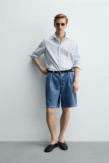 ZARA ДЖИНСОВЫЕ ШОРТЫ RELAXED FIT С ЗАЩИПАМИ, СИНИЙ