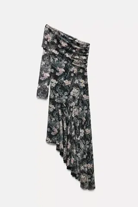 ZARA ПЛАТЬЕ АСИММЕТРИЧНОГО КРОЯ ИЗ ПОЛУПРОЗРАЧНОЙ ТКАНИ С ПРИНТОМ, ЧЕРНЫЙ/ПЕСОЧНЫЙ