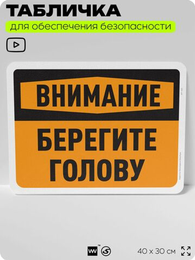 Табличка для обеспечения безопасности "Внимание, берегите голову", для офиса, по охране труда для предприятия, организаций, 40х30 см, Silver Plane x Айдентика Технолоджи