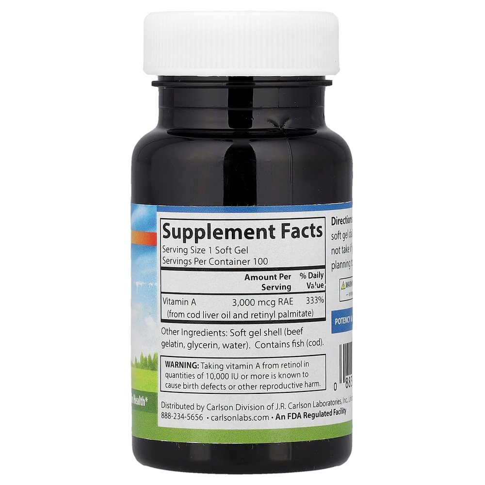 Carlson, Витамин A, 3000 мкг RAE (10 000 МЕ), 100 мягких таблеток