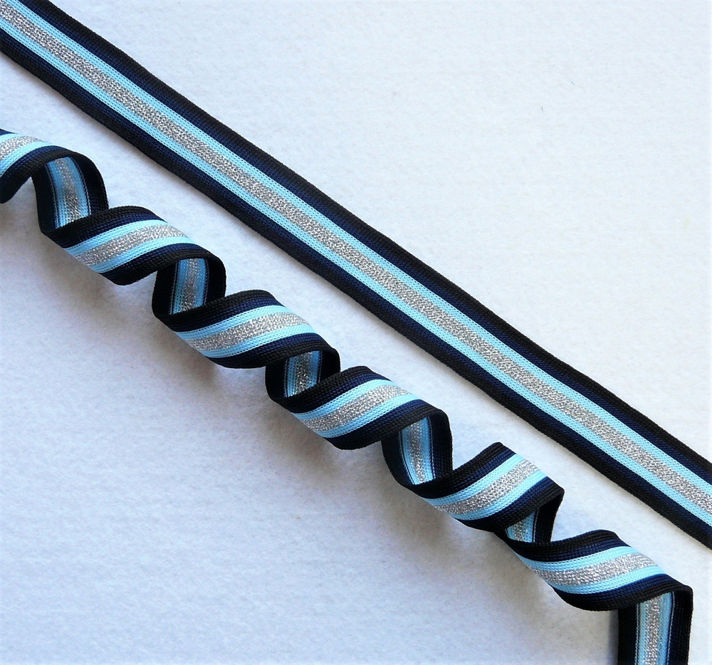 Лампасная лента (трикотажный, люрекс, 2,5 см). Черный/голубой/серебро, ВО