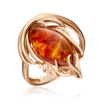 Кольцо «Перо» из красного золота с янтарём
