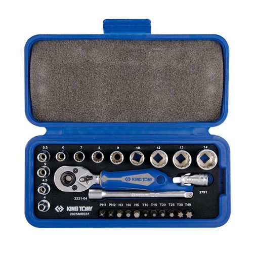 KING TONY (2025MRE01) Набор торцевых головок с принадлежностями 1/4", 12-гранные, 4-14 мм, 26 предметов