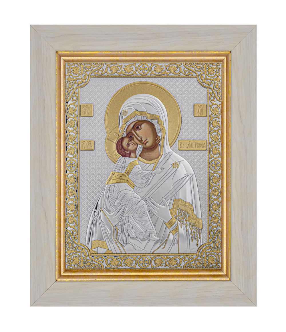 Владимирская БМ, икона прямоугольная в рамке под стеклом, белое дерево 232х280
