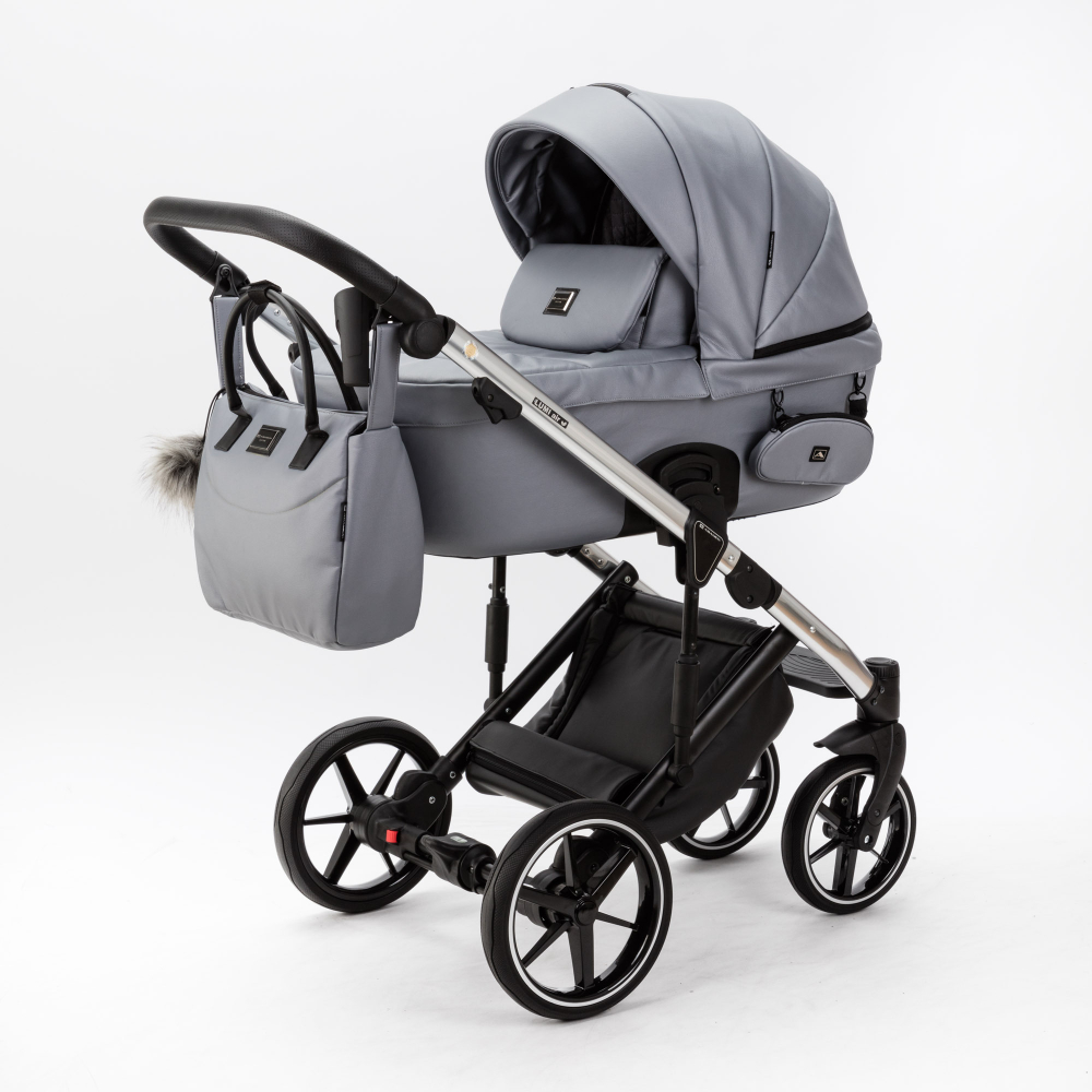 Детская универсальная коляска Adamex LUMI SE Deluxe L-SM507 (2в1) Серая перламутровая экокожа, хромированная рама