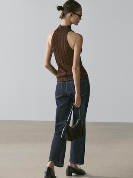 Massimo Dutti Топ из смесовой хлопка с горловиной халтер, шоколадный