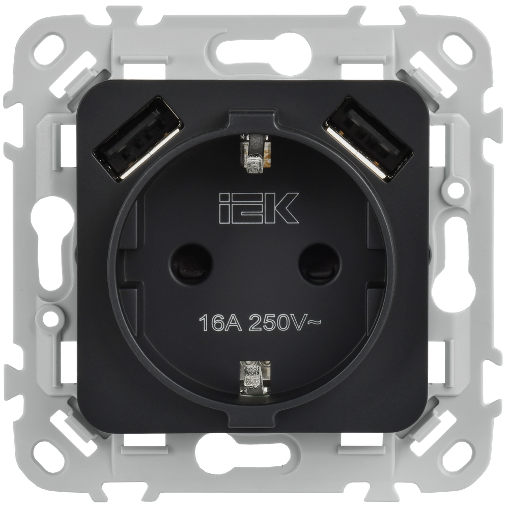 FLITE Розетка 1-местная с заземлением с защитными шторками 16А с USB A+A 3,1А безвинтовое крепление РСЮша11-1-ФлЧ черный IEK