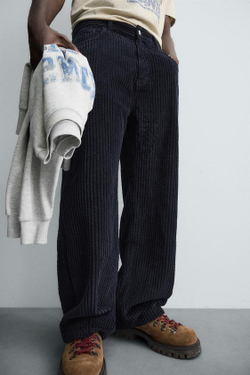 ZARA ВЕЛЬВЕТОВЫЕ БРЮКИ BAGGY FIT, МОРСКОЙ СИНИЙ