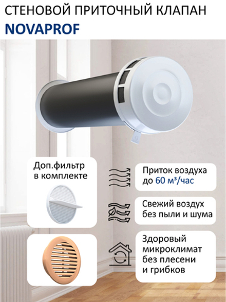 Приточный клапан стеновой NovaPROF КИВ-125 с трубой 0,5 м, фильтром и решеткой ABS