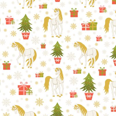 Christmas seamless pattern with unicorns, trees and gifts/ Новогодний узор с единорогами