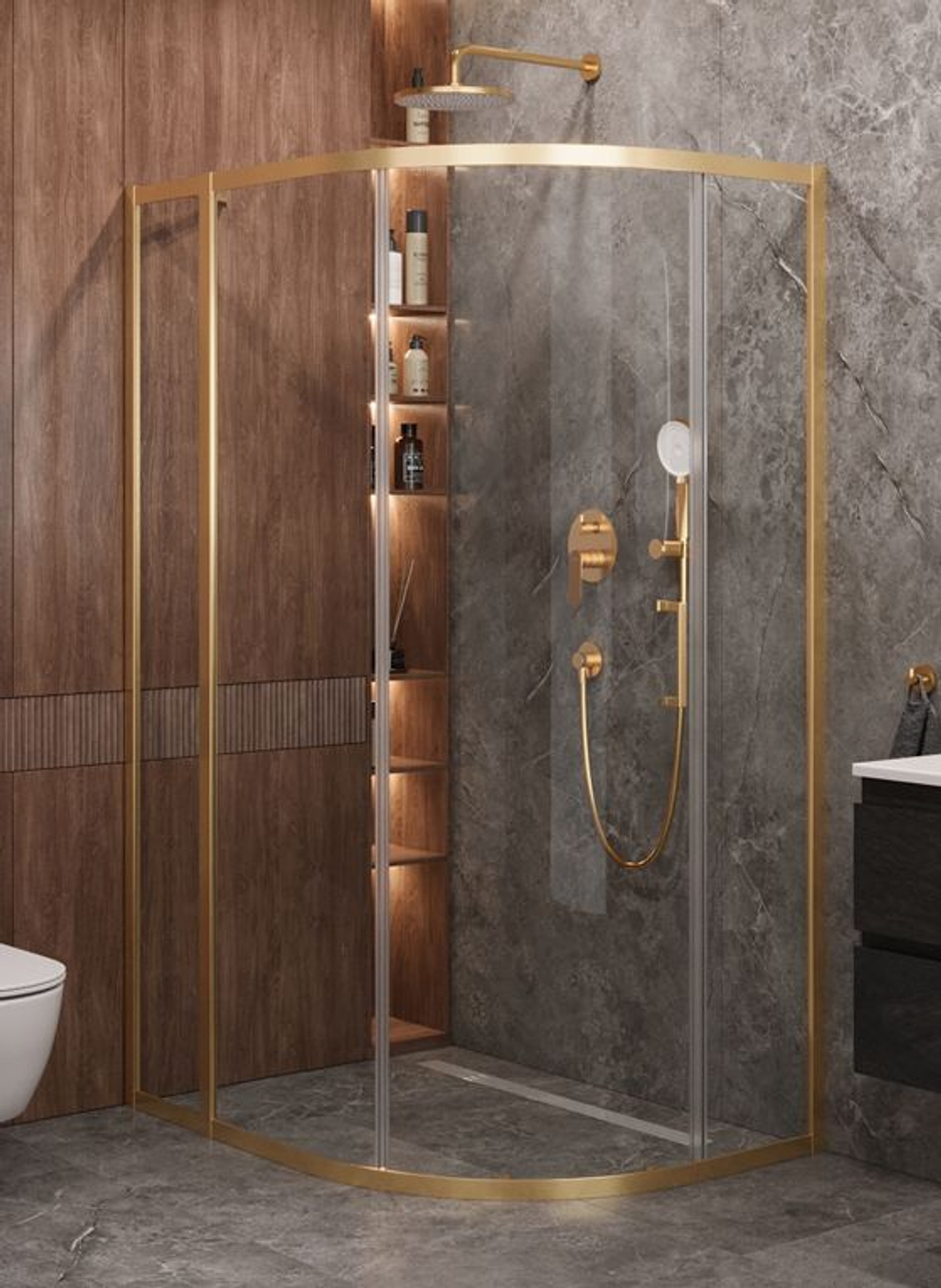 Душевой уголок Cezares MOLVENO-RH-1-110/90-C-BORO-IV, 110х90х195, профиль брашированное золото, прозрачное стекло