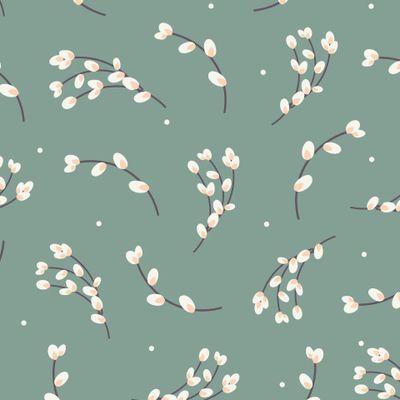 Весенний пасхальный паттерн. Верба на зеленом фоне.