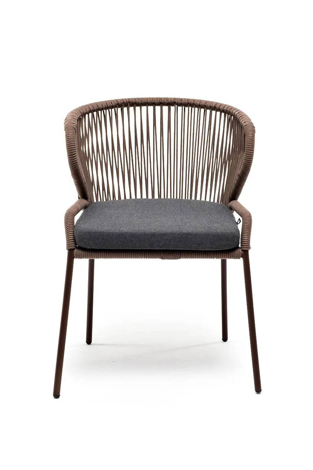 "Милан" стул плетеный из роупа, каркас алюминий коричневый (RAL8016) муар, роуп коричневый круглый, ткань темно-серая 027