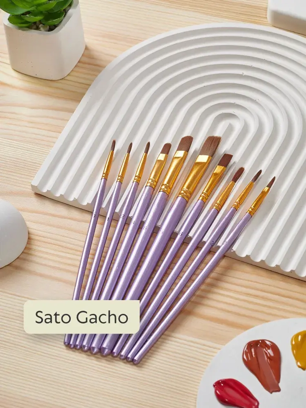 Набор кистей для рисования SATO GACHO синтетика (кисточки: круглая, плоская, лайнер) 10 шт., фиолетовые