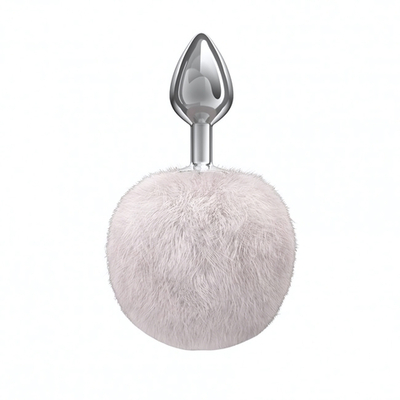 Серебряная металлическая пробка с белым хвостиком (Цвет: серебряный с белым)