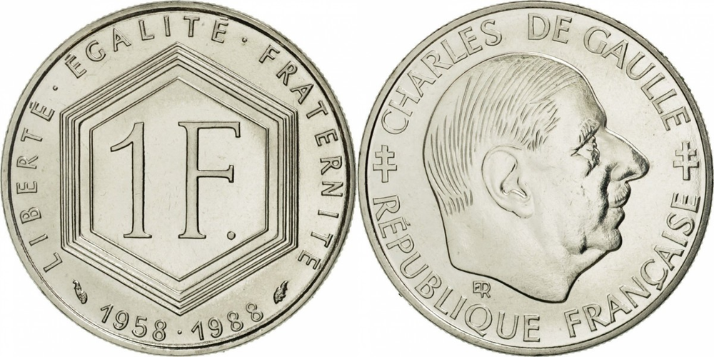 Франция 1 франк, 1988 30 лет Пятой Республике XF