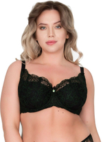 Бюстгальтер с чашкой +size на тонком поролоне и изысканной зелёной вышивкой (Размер: 100E) (Цвет: черный)