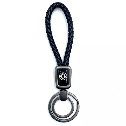 Брелок для ключей кожаный с эмблемой Dong Feng (кожзам, косичка, двойное кольцо, черный цвет)