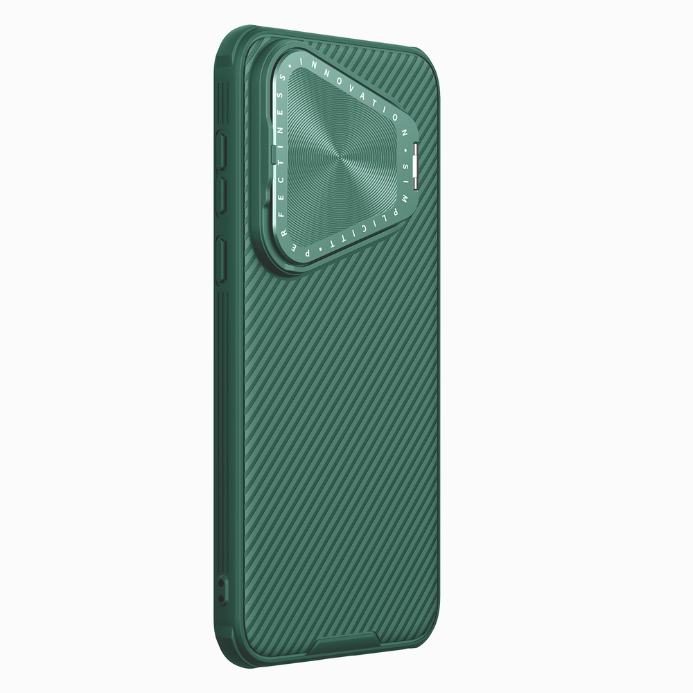 Чехол зеленого цвета (Deep Green) от Nillkin с металлической откидной крышкой для смартфона Huawei Pura 70, серия CamShield Prop Magnetic (с поддержкой магнитной беспроводной зарядки MagSafe)