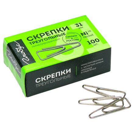 Скрепки канцелярские 31мм, 100шт, никелированные, треугольные, Глобус, картон. упак.